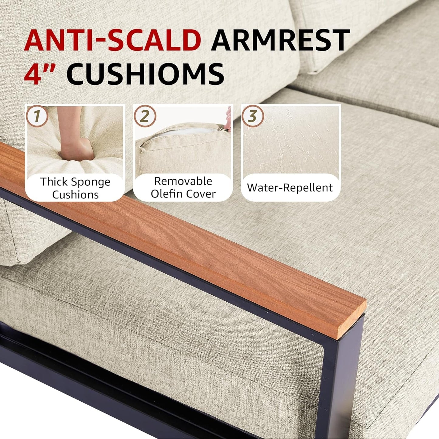 4 Pieces Patio Furniture Sets,Metal Outdoor Patio Furniture Sets,Outdoor Sectional Furniture Patio Conversation Set,Wooden Anti-Scald Armrest,Sling Mesh,4" Olefin Cushions-2