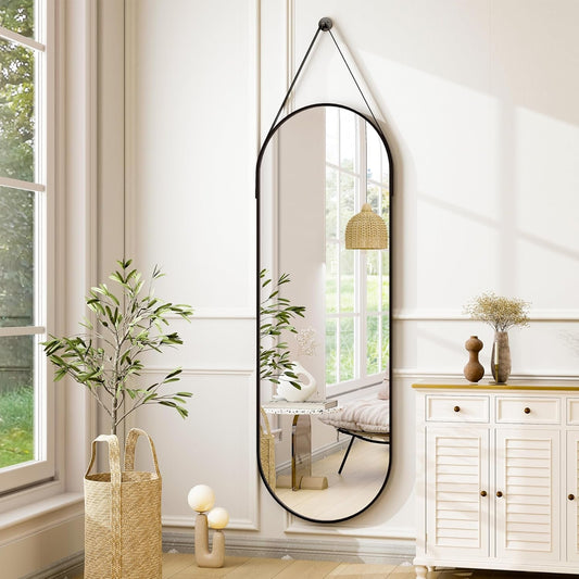 16"X48" Oval Hanging Mirror with Leather Strap Full Length Mirror Aluminum Frame Wall-Mounted Hanging Mirrors for Bathroom Vanity Living Room Bedroom Entryway Decor-0