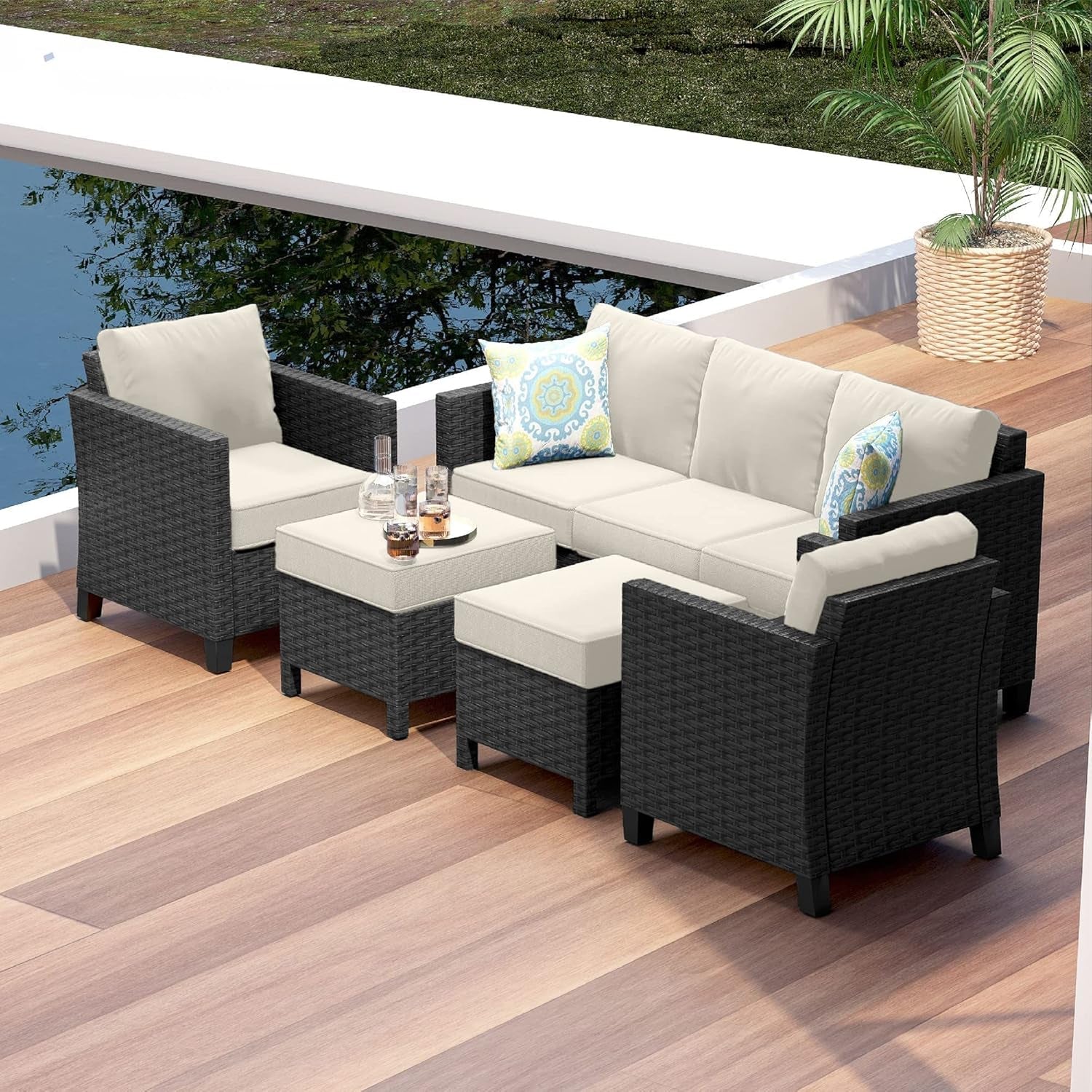 Patio Furniture Set - Outdoor Patio Furniture Sets, Patio Sectional Furniture Set, 5 Piece Patio Furniture Sets, Patio Conversation Sets, Black Wicker Patio Furniture with off White Cushions-0